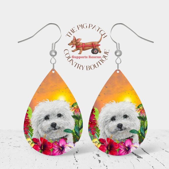 Bichon Frise Dog Tropical Sunset Teardrop Earrings - Picture 1 of 2